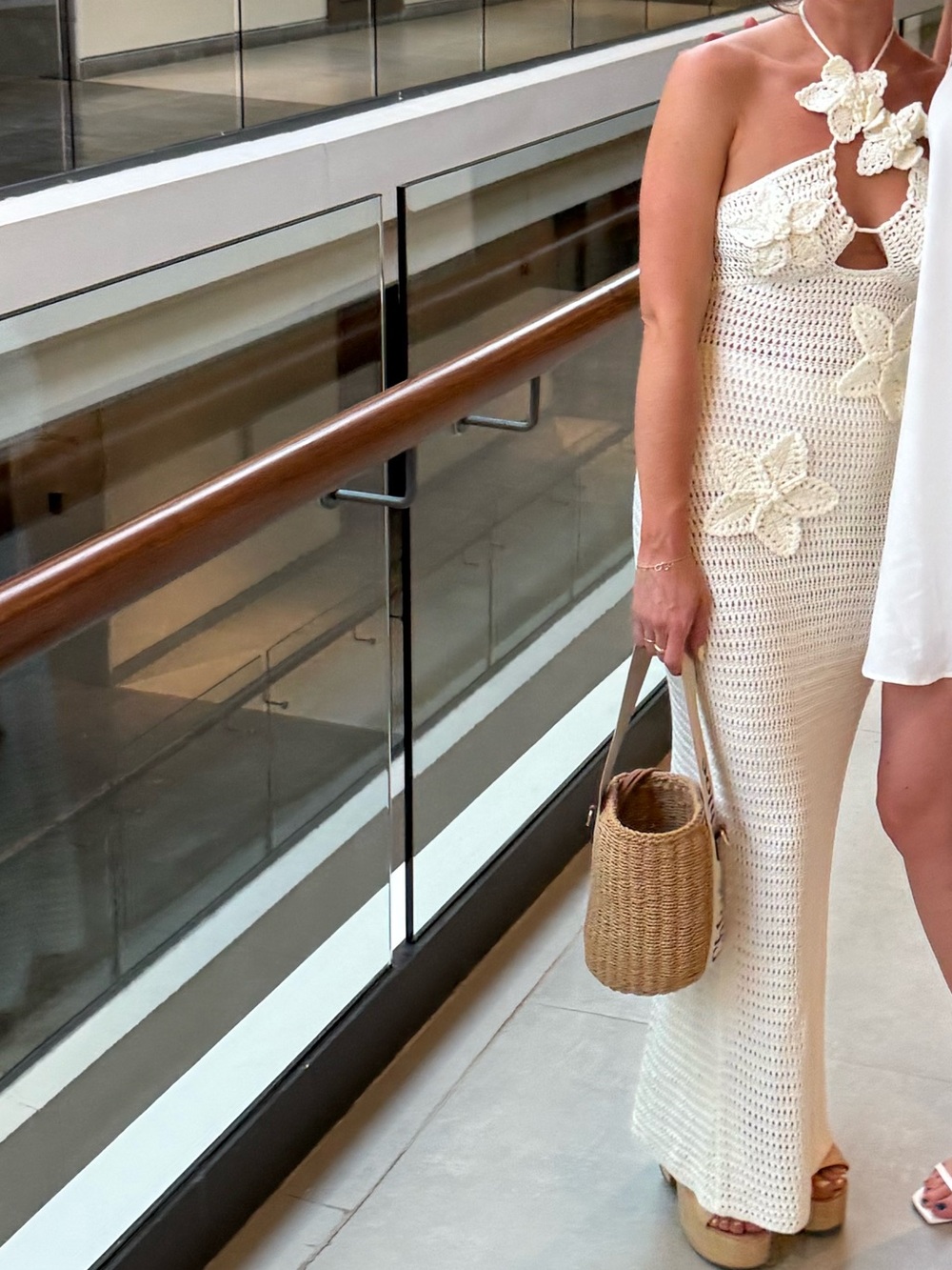 Meshki Cream Crochet Halter Maxi Dress with Floral Appliqué - Picture 2 of 3